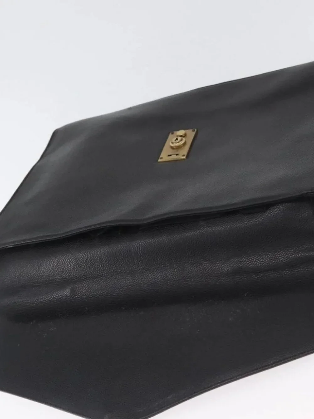 CHANEL Business Bag Grained Calf Skin Black Gold CC Auth ka2603